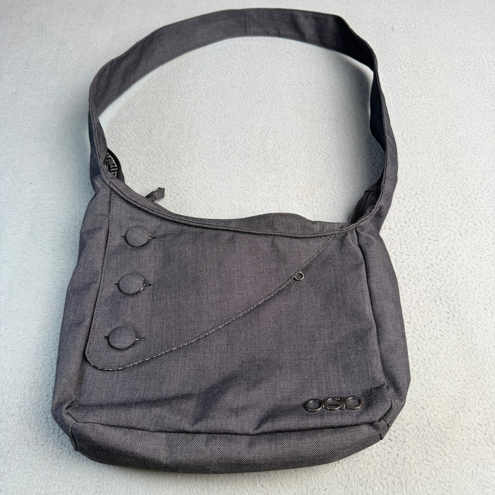 OGIO Messenger Bag Charcoal Gray Crossbody Herringbone Lining Button Detail